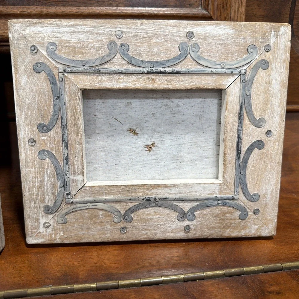 Antique Looking White Washed Hanging Wooden And Metal Frames Possibly Handmade